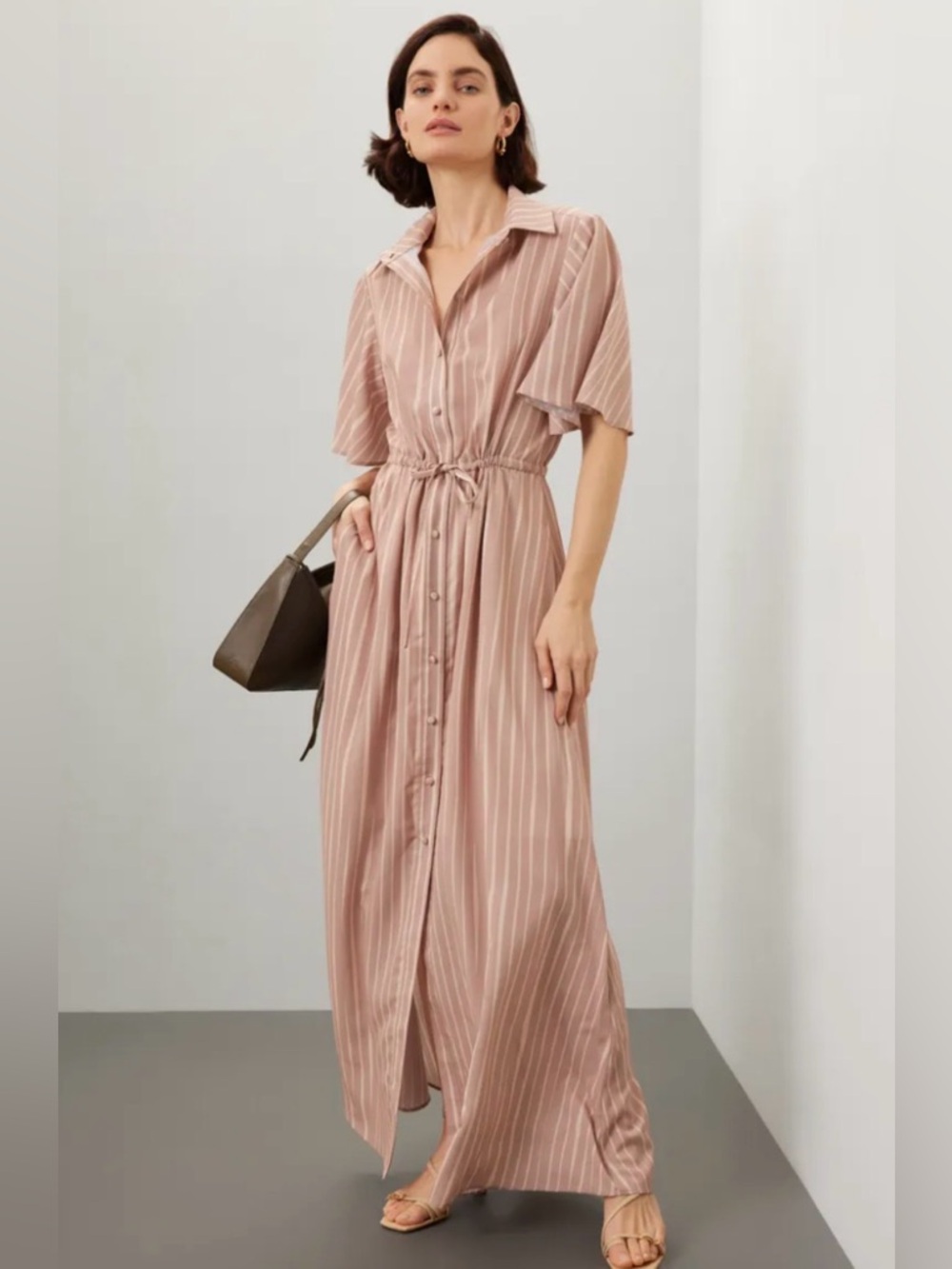 Hutch Layton Dress Blush Pink Striped Button-Front Maxi Dress Sz Medium.